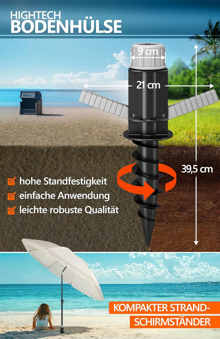 4smile Sonnenschirm Strand SunnyJoy, 3-IN-1 Set - UPF 50+ Strandschirm 160 cm + Sonnenschirm Schutzh