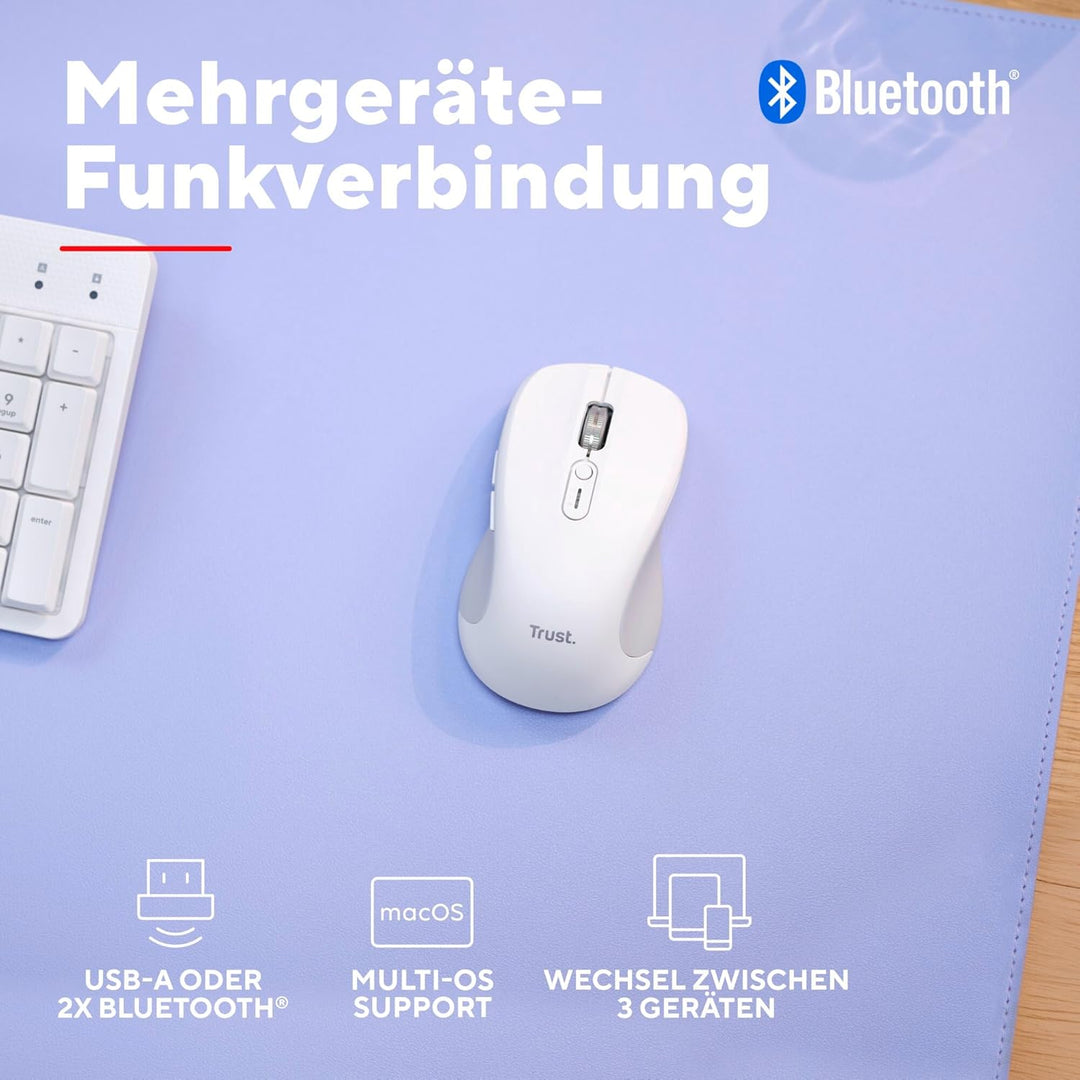 Trust Ferro Kabellose Maus Ultraschnelles Scrollrad und Horizontales Scrollen, Bluetooth + 2.4GHz, L