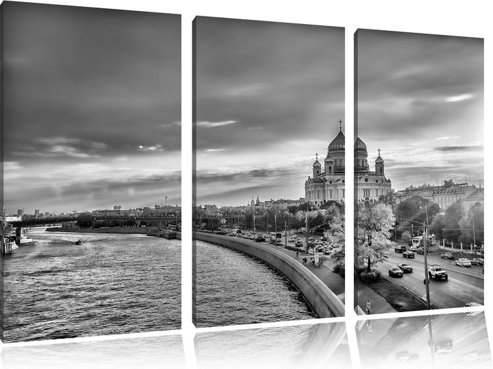 Pixxprint Monocrome, Sonnenuntergang in Moskau 3-Teiler Leinwandbild 120x80 Bild auf Leinwand