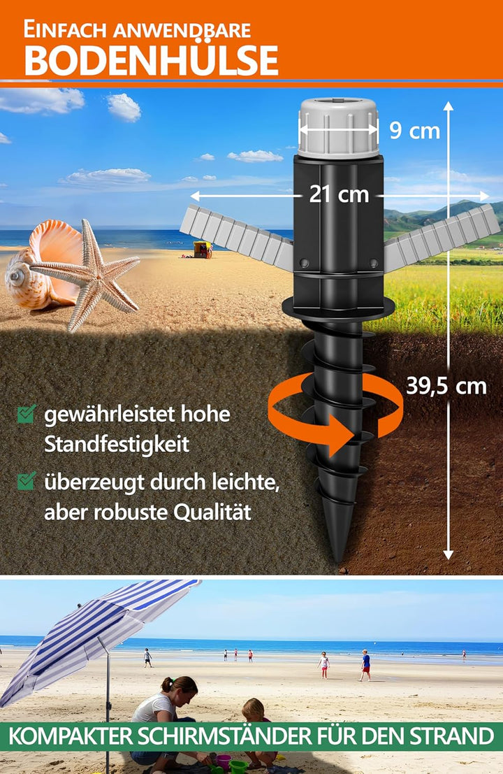 4smile Sonnenschirm Strand Ø 180 cm, 3-in-1 SET mit Bodenhülse, Blau-Weiss | UPF 50+ Strandschirm +