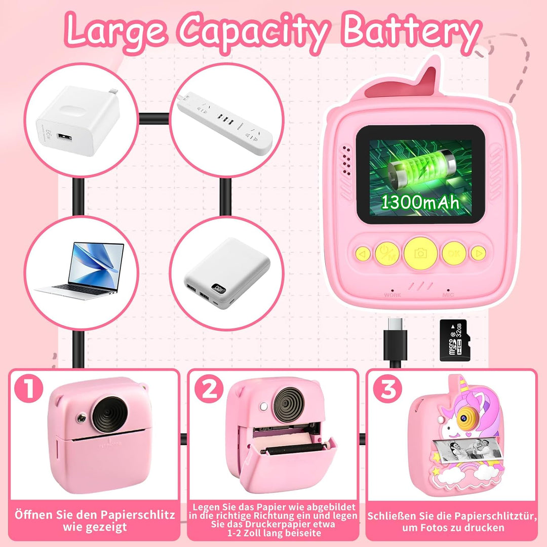 Kinderkamera Sofortbildkamera, 1080P HD 48MP Sofortbildkamera Kinder, Digitalkamera Kinder mit 32GB