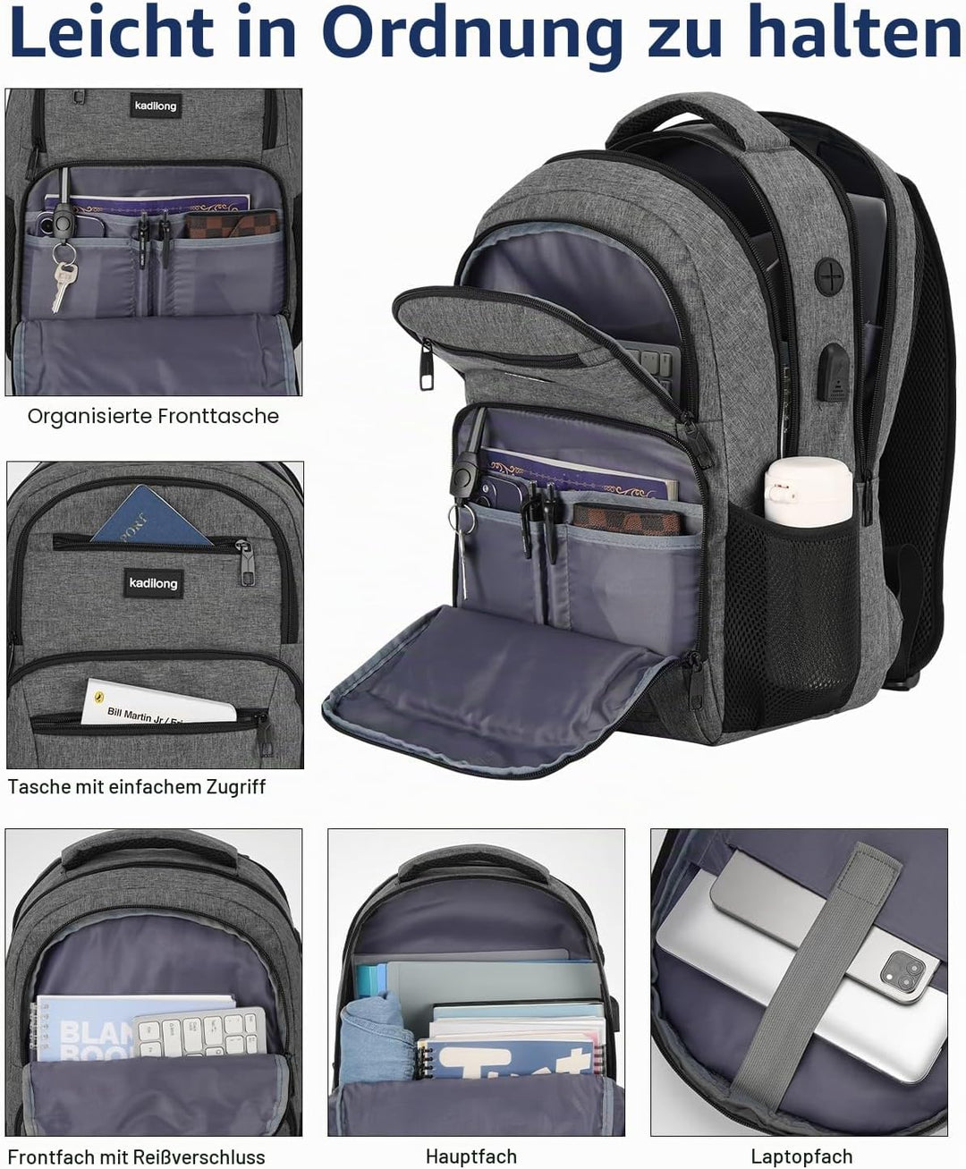 kadilong Rucksack Herren Laptoptasche mit USB Ladeanschluss für Arbeit Business Reisen Schulrucksack
