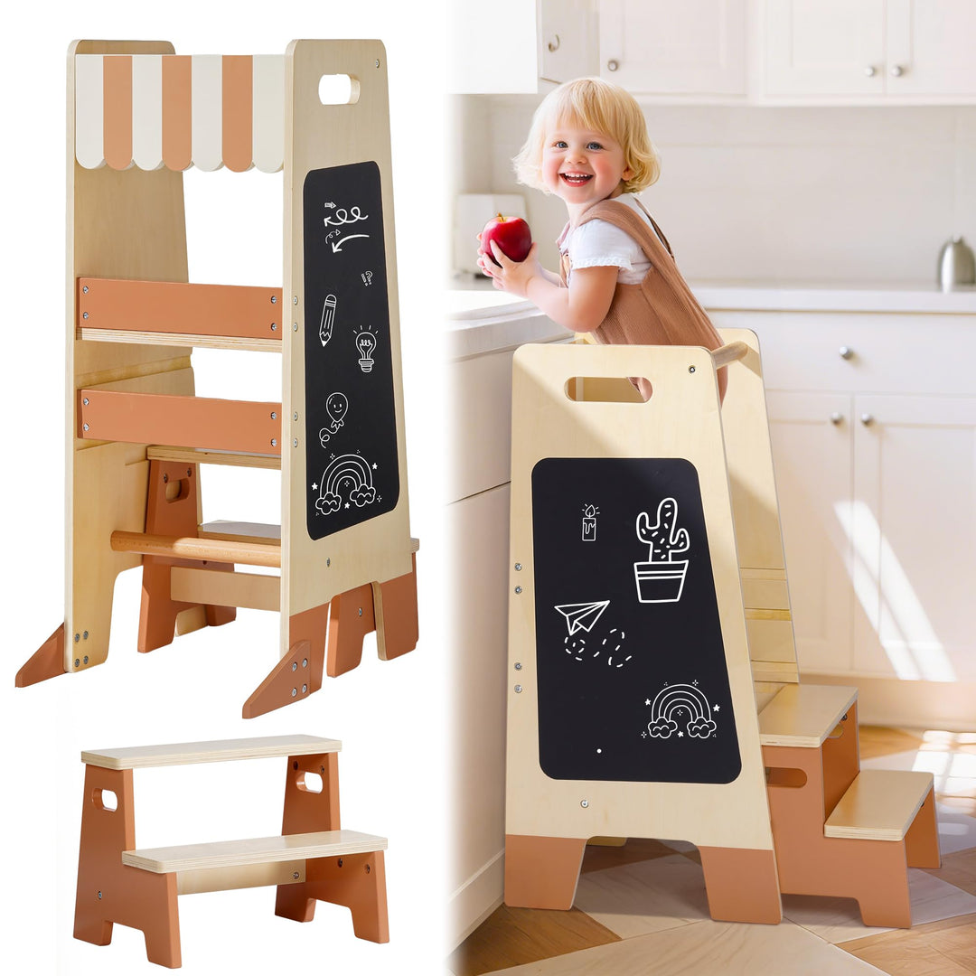 ROBOTIME Tritthocker aus Holz für Kleinkinder mit Sicherheitsgeländer & Tafel – Montessori Küchenhel