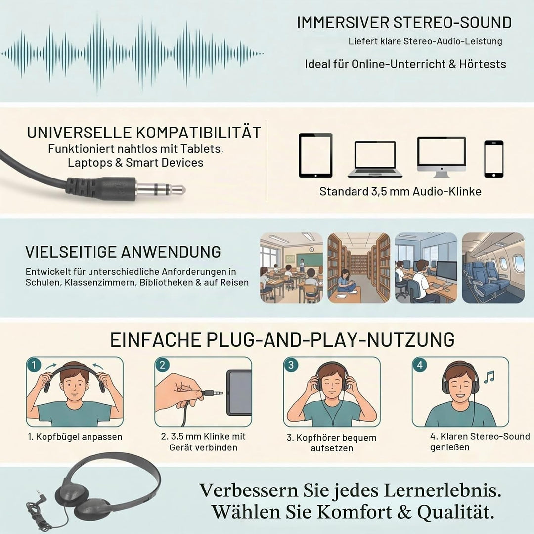 Klassenzimmer-Kopfhörer Mit 3 5-mm-Klinkenstecker Kabelgebundene On-Ear-Kopfhörer Verstellbar Für Sc