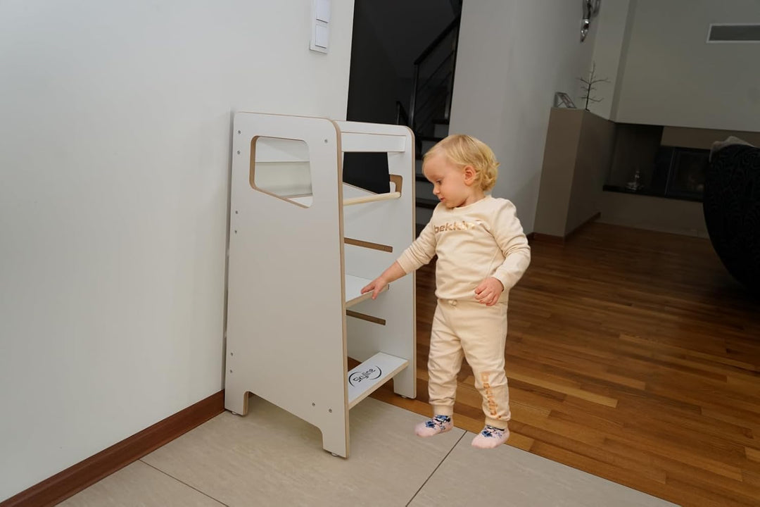 Baby Montessori Lernturm Kleinkind Trittstufe mit Verstellbarer Höhe und Sicherheitsschiene Kitchen