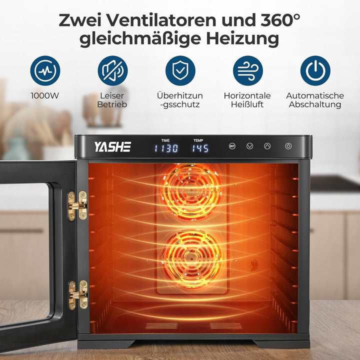 Edelstahl Dörrautomat, 1000W Dörrgerät für Obst und Gemüse mit LED-Anzeige, präziser Temperaturregel