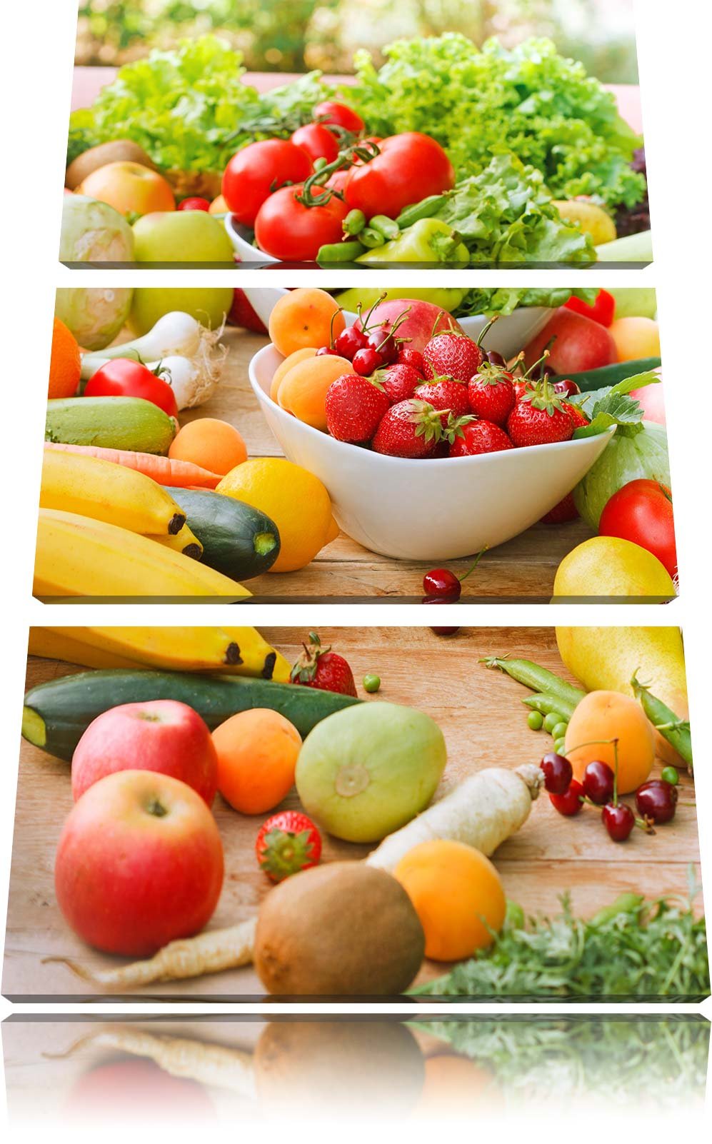 Pixxprint Buntes Obst und Gemüse als Leinwandbild - Grösse: 3-Teilig (120x80cm) - Wandbild - Kunstdr