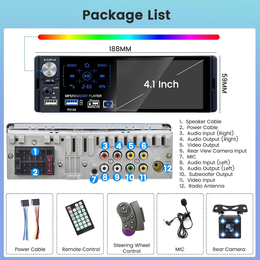 RDS Autoradio 1 Din Bluetooth Freisprecheinrichtung Autoradio mit 4.1 Zoll Bildschirm 1 Din Auto Rad
