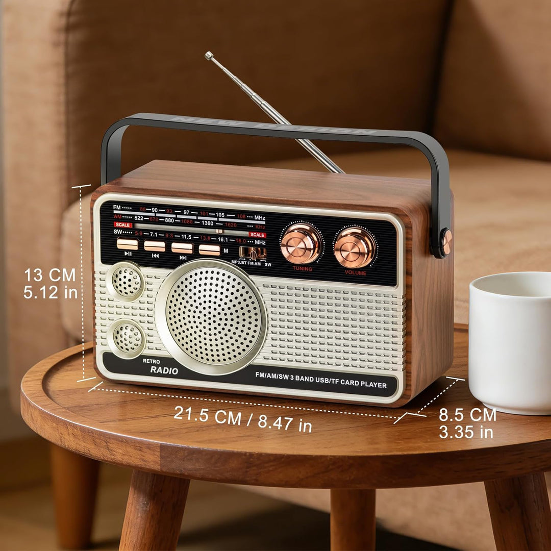 Retro Radio Vintage Holz-Handradio, wiederaufladbares Multiband (FM/AM/SW) mit Super Heavy Bass, Tra