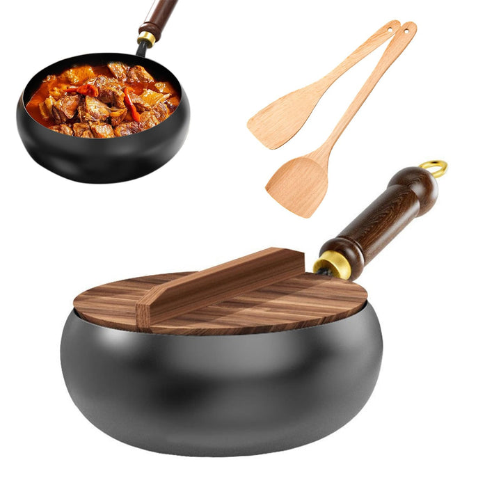 Japanische Handgeschmiedete Eisenpfanne 24cm – Robuste Eisenpfanne mit Holzdeckel &amp; Spatel, Antihaft