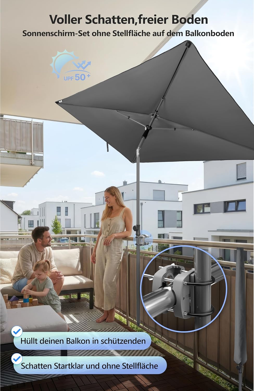 4smile Sonnenschirm Balkon im Set – Sonnenschirm rechteckig 210×140 cm, UV 50+ Sonnenschutz Balkon,
