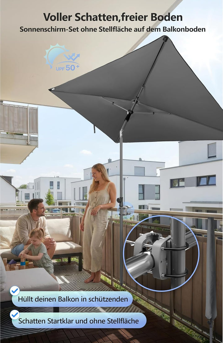 4smile Sonnenschirm Balkon im Set – Sonnenschirm rechteckig 210×140 cm, UV 50+ Sonnenschutz Balkon,