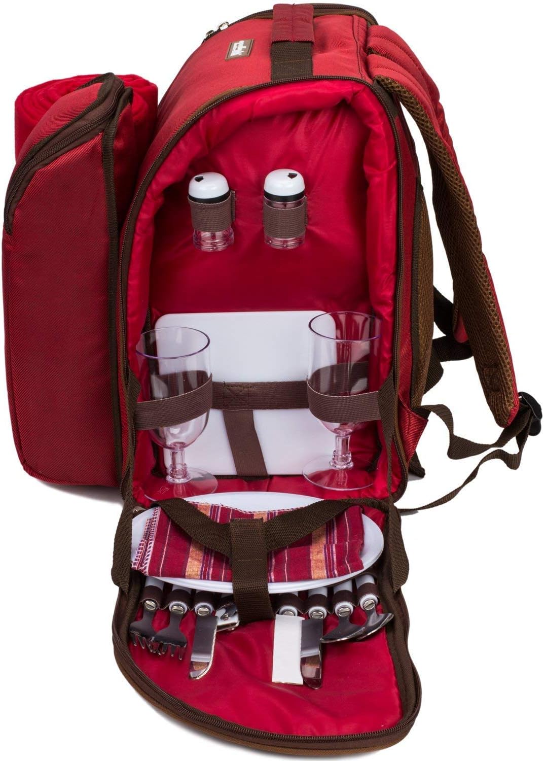 Apollowalker, roter Picknickrucksack für 2 Personen, Korb mit Kühltasche, inkl. Geschirr und, Rot