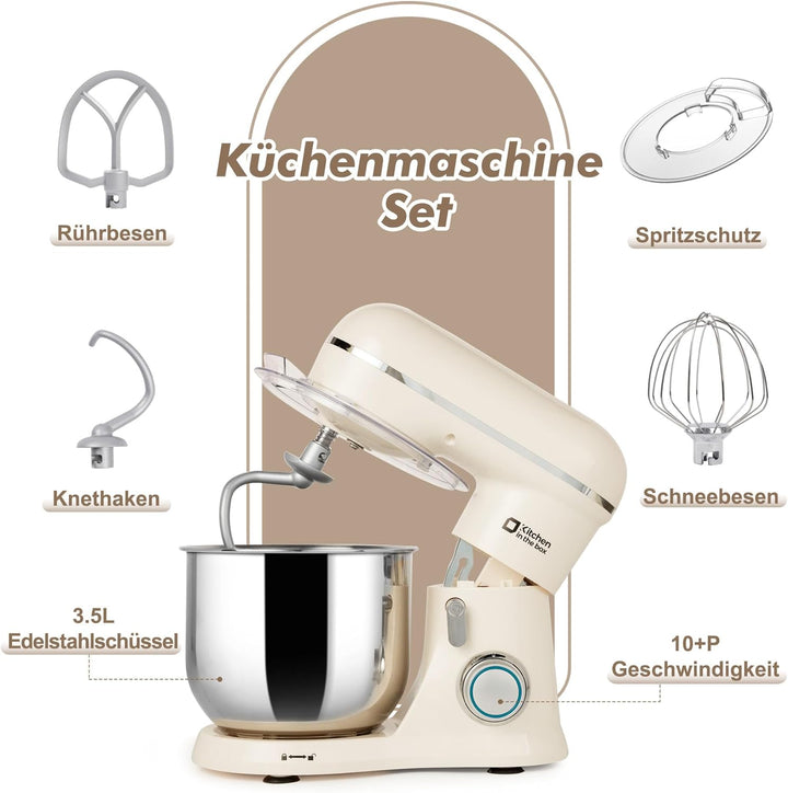 Kitchen in the box Kompakte Küchenmaschine 3,5 L, Rührmaschine &amp; Knetmaschine mit 10 Geschwindigkeit