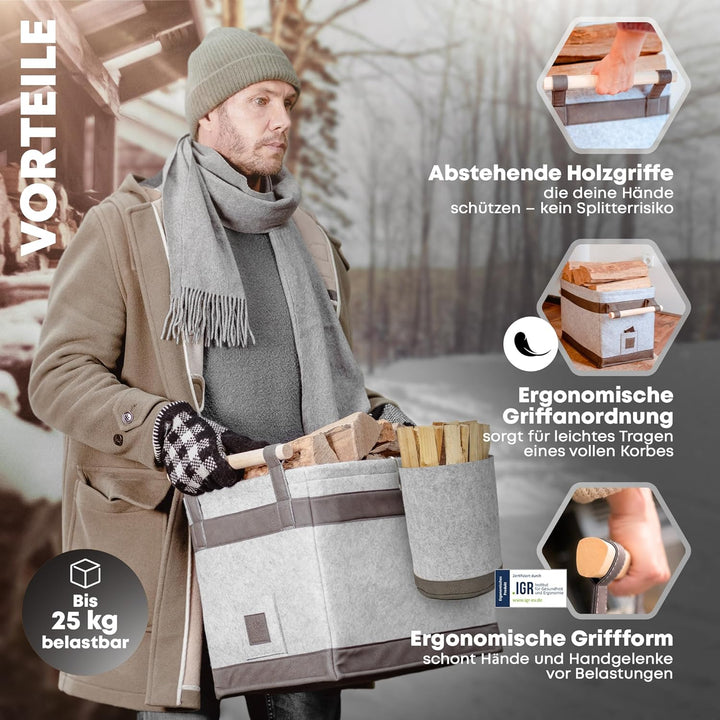 OAKAGE® Holzkorb für Kaminholz Gross mit Zündholzkorb [Schmutzabweisendes Innenfutter und Lederboden