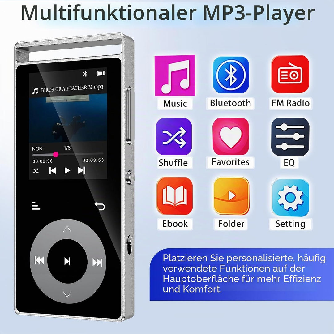 90GB MP3 Player Bluetooth 5.3, MP3-Player mit HiFi-Sound Touch-Tasten | MP3 mit Musik, Farbdisplay,