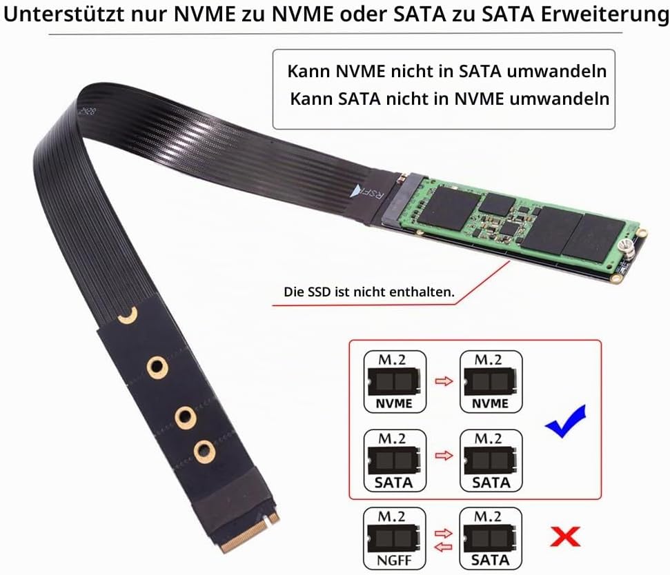 Xiwai NGFF M-Key NVME SSD Extender Karte mit PCI-E 4.0 Flexibles PCI-Express-Verlängerungskabel, 30