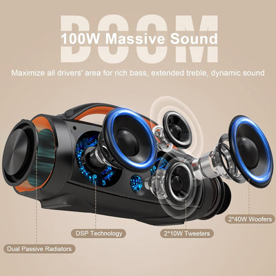 DOSS Extreme Boom+ Bluetooth Lautsprecher Draussen mit Wasserdichter IP67, 100W Stereo Sound, 10400m