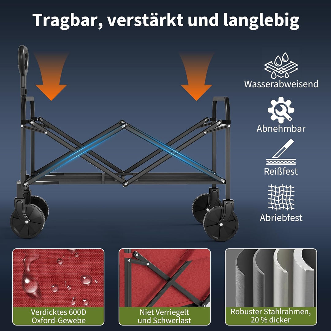 Zstar Bollerwagen Faltbar 220L mit 180 kg Tragkraft | 73 × 46,5 × 89,5 cm, 360° Räder, verstellbarer