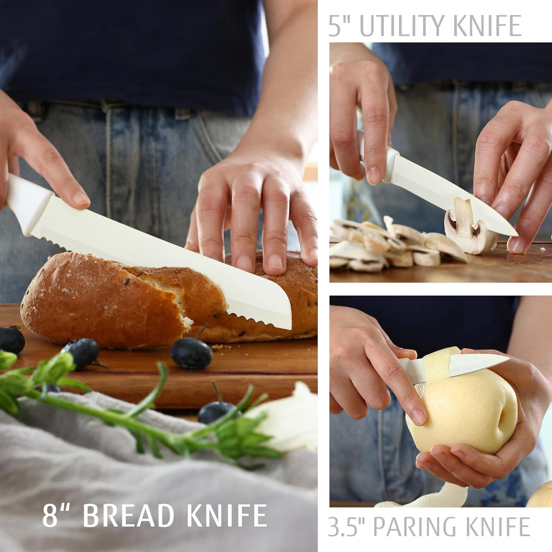 hecef 14-teilig Messerblock mit Messer, Creme, Antihaft-Beschichtung – Spülmaschinenfest, Messerbloc