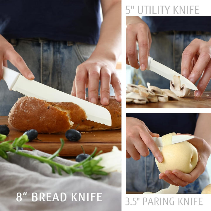 hecef 14-teilig Messerblock mit Messer, Creme, Antihaft-Beschichtung – Spülmaschinenfest, Messerbloc