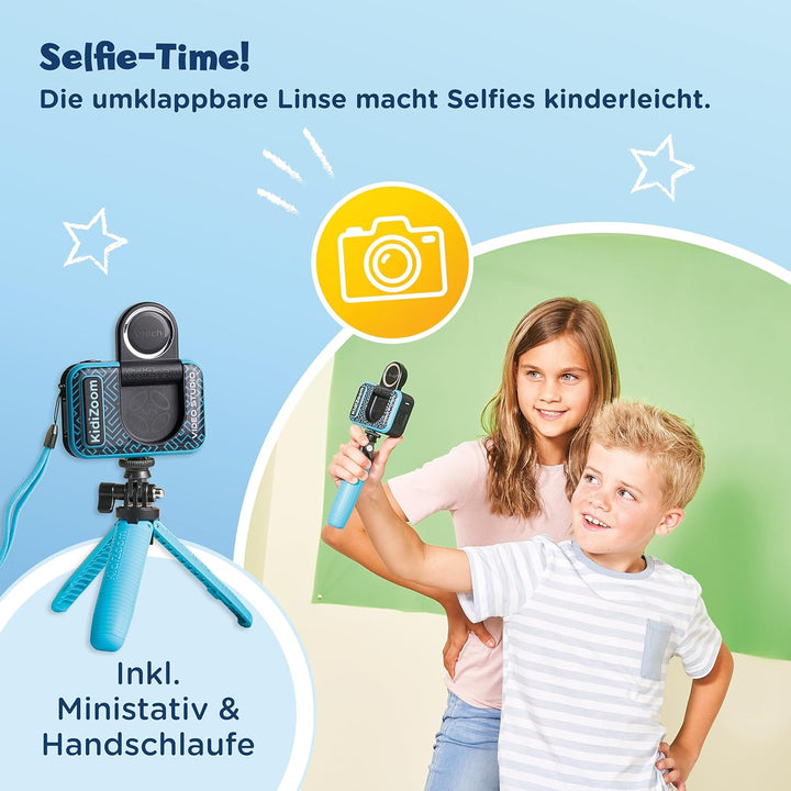 VTech Kidizoom Video Studio HD blau – Kinderkamera mit Greenscreen, Stativ, Effekten, Selfielinse un