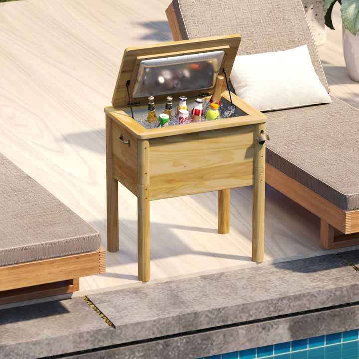 COSTWAY Getränkekühler Holz, 51 L Outdoor-Terrassenkühler mit 3 Griffen & Flaschenöffner, rustikale