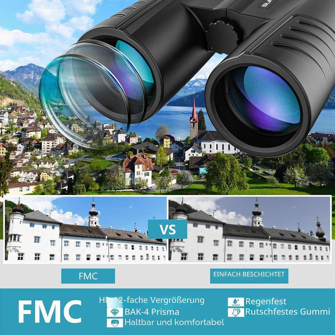 Fernglas 12x42, ferngläser für Erwachsene mit Heller und sauberer Sicht,BAK4 HD Prisma + FMC Objekti