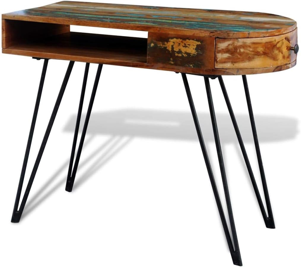 Retro Design Tisch, Reine Handarbeit, Vintage Konsolentisch Metallbeine & Schublade, Recyceltes Mass