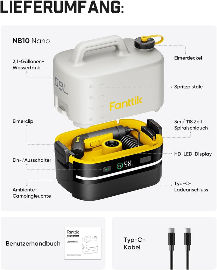Fanttik NB10 Nano tragbarer Akku-Drucksprüher, 2,1-Gallonen-Tank, 72-98 PSI, HD-LED-Display, 4000mAh
