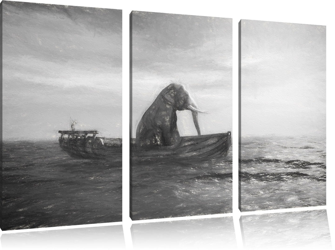 Pixxprint sitzender Elefant im Boot als Leinwandbild/Grösse: 3 Teilig (120x80) / Wandbild/Kunstdruck