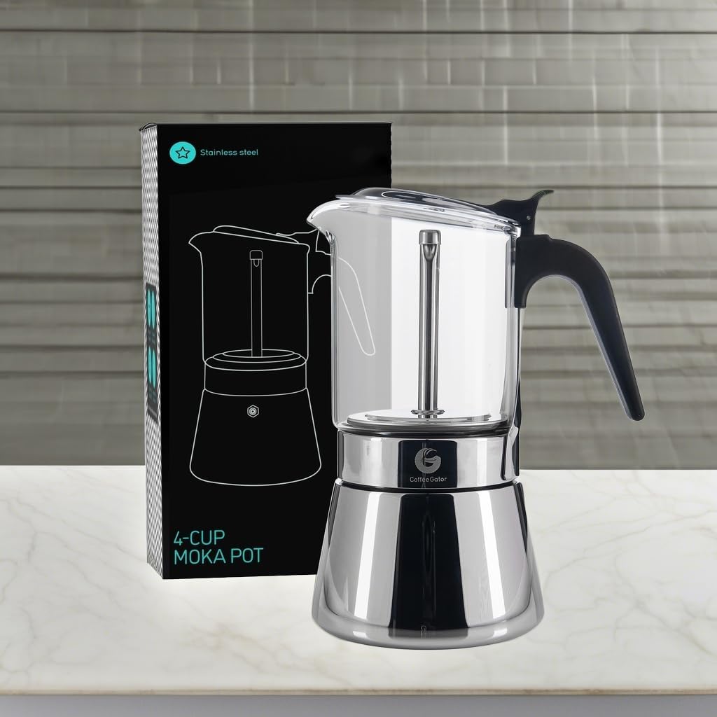 Coffee Gator Espressokocher Herdplatte 4 Tassen - 200 ML Edelstahl Moka-Kanne für Kräftigen Kaffee N