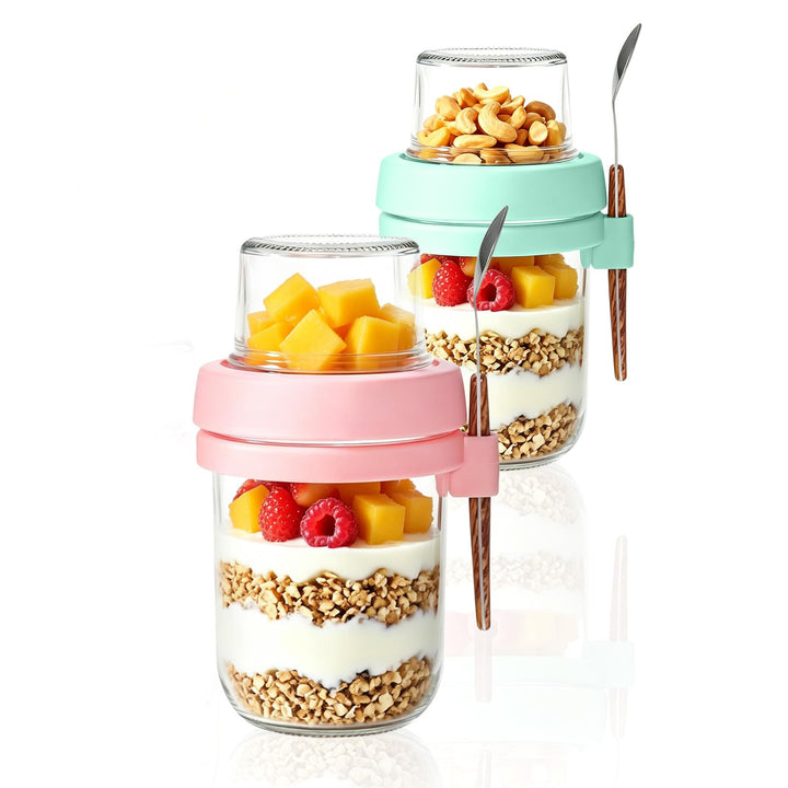 Müslibecher to Go, 480ml+120ml Overnight Oats Gläser, Doppelschicht Joghurtbecher Mit Edelstahlöffel