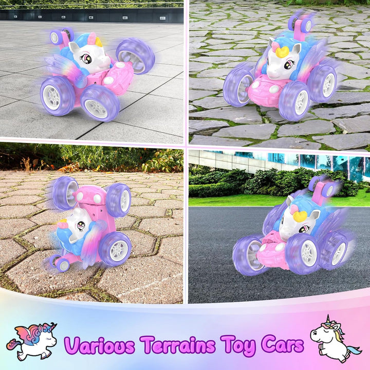 Ferngesteuertes Auto, Einhorn Spielzeug ab 3 4 5 6 7 8 9 Jahre Mädchen 2.4GHz RC Stunt Auto mit Leuc