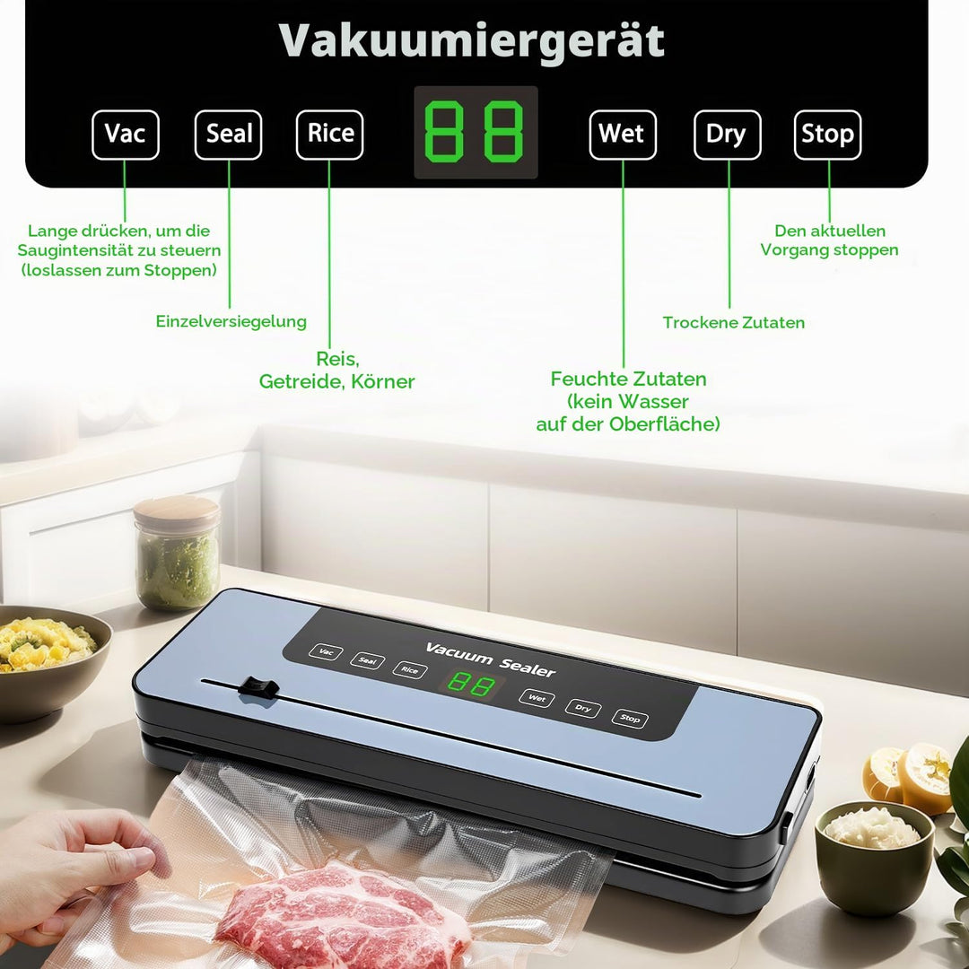 Vakuumiergerät, 6 in1 Vakuumierer mit 50 Vakuumbeuteln, Versiegelungsgerät für Frische, Trockene Leb