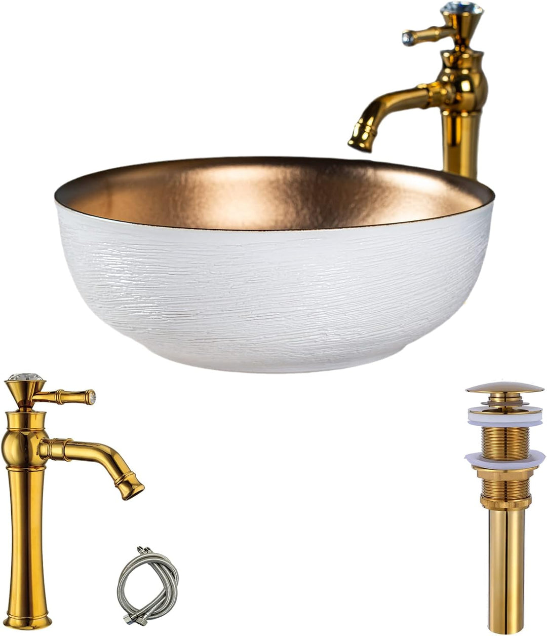 1 Kompletter Satz Keramik Arbeitsplatte Waschbecken mit Gold Wasserhahn und Pop-up Abfluss für Badez
