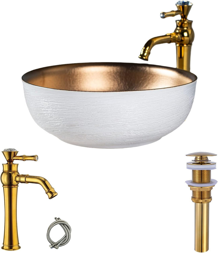 1 Kompletter Satz Keramik Arbeitsplatte Waschbecken mit Gold Wasserhahn und Pop-up Abfluss für Badez