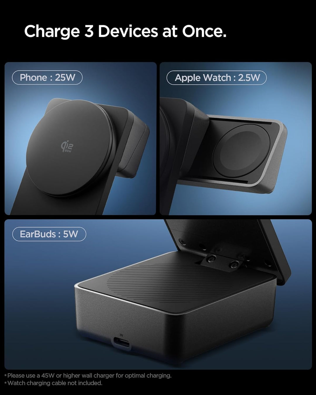Spigen Essential Qi2.2 25W 3-in-1 MagSafe Ladestation [Inkl. 2 m USB-C Kabel] für iPhone 17/16 Pro M