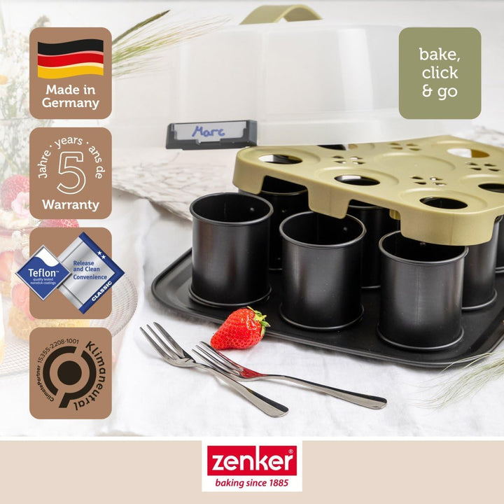 Zenker Bake, Click & Go 9er Törtchenblech mit Haube – 29 x 29 x 7 cm – Backform mit passendem Deckel