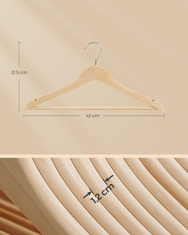SONGMICS Kleiderbügel Holz, 24er Set Bügel, Holzbügel, Einkerbungen im Schulterbereich, Hosensteg, H