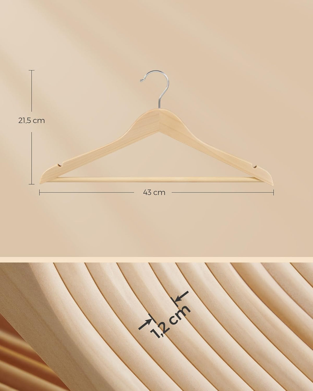 SONGMICS Kleiderbügel Holz, 12er Set Bügel, Holzbügel, Einkerbungen im Schulterbereich, Hosensteg, H