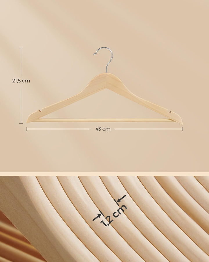 SONGMICS Kleiderbügel Holz, 12er Set Bügel, Holzbügel, Einkerbungen im Schulterbereich, Hosensteg, H
