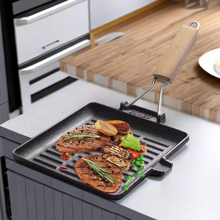 Steakpfanne Gusseisen 20×20 cm Grillpfanne mit Klappbarem Holzgriff Viereckige Grill Pan Induktion F