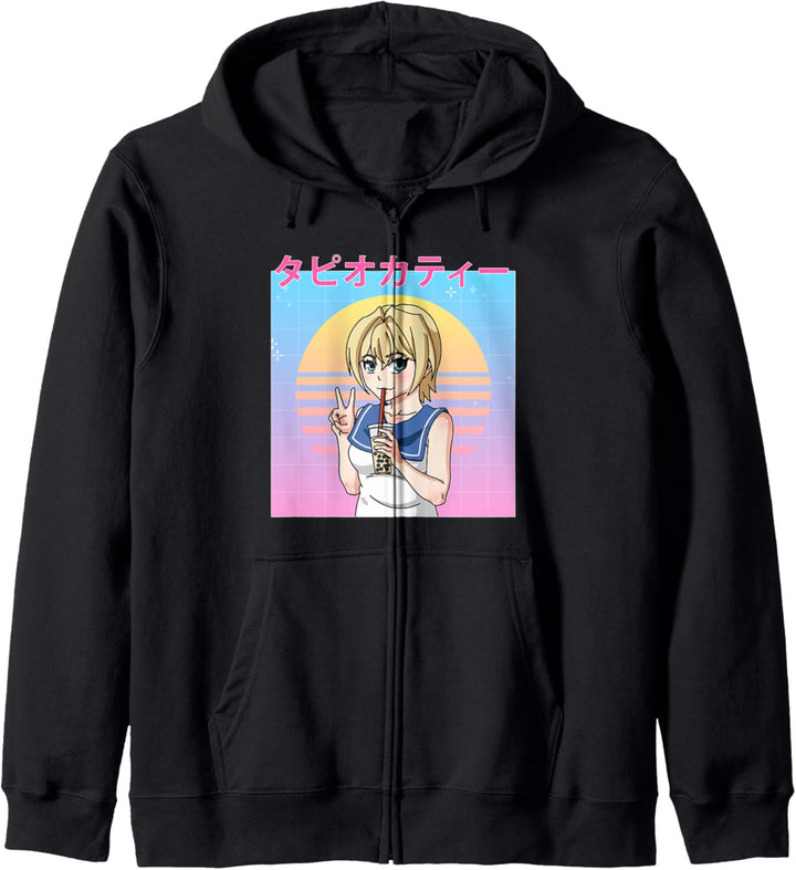 Retro 90er Jahre japanische Kawaii Mädchen Bubble Tea Anime Kapuzenjacke