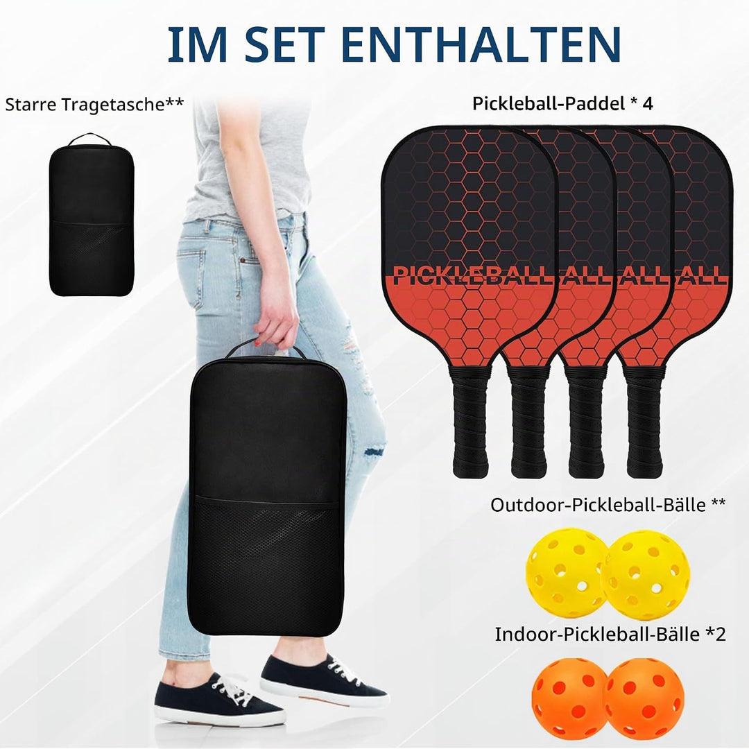 Pickleball Set, Pickleball Schläger mit Fiberglas Oberfläche Pickle Ball Paddles mit 4 Bällen Ausrüs