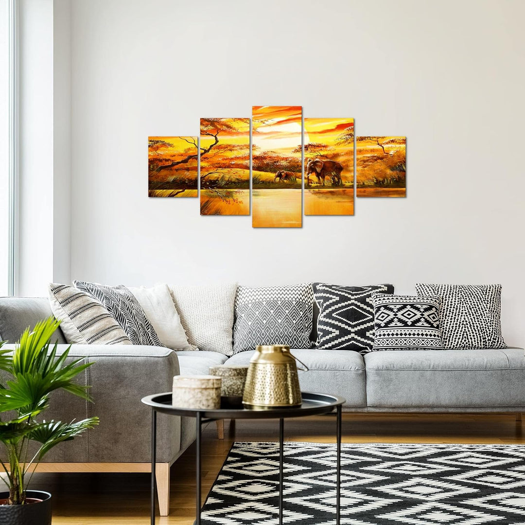Runa Art Wandbilder Afrika Elefant 5 Teilig Bild auf Vlies Leinwand Deko Wohnzimmer Schlafzimmer Son