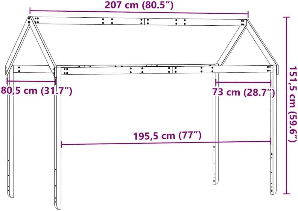 vidaXL Dach für Kinderbett 207x80,5x151,5 cm Massivholz Kiefer