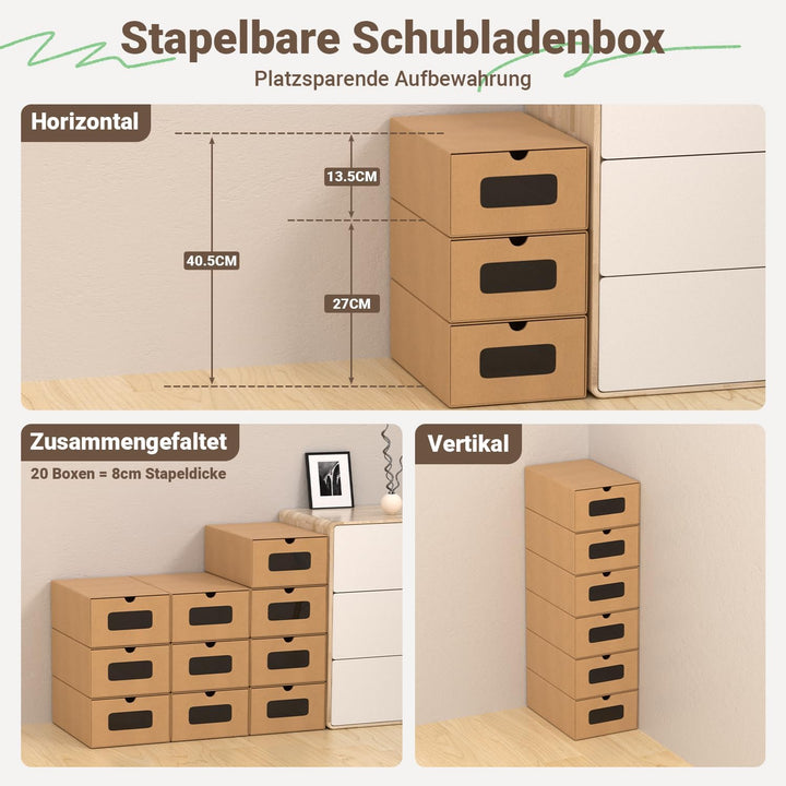 35×23×13 cm - 20x Schuhaufbewahrung Reinbraun mit Sichtfenster – Faltbare Schuhbox aus Kraftpapier,