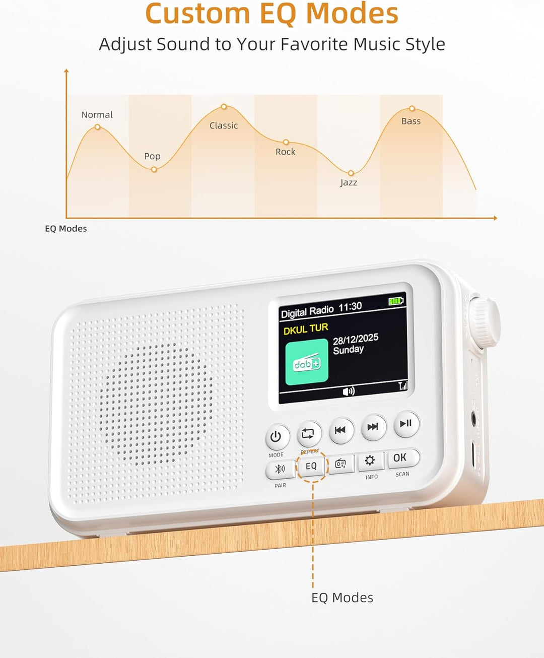 Tragbares DAB Radio, UKW-Digitalradio mit 2,4" Farbdisplay & Bluetooth & EQ Modi, Küchenradio mit Ka