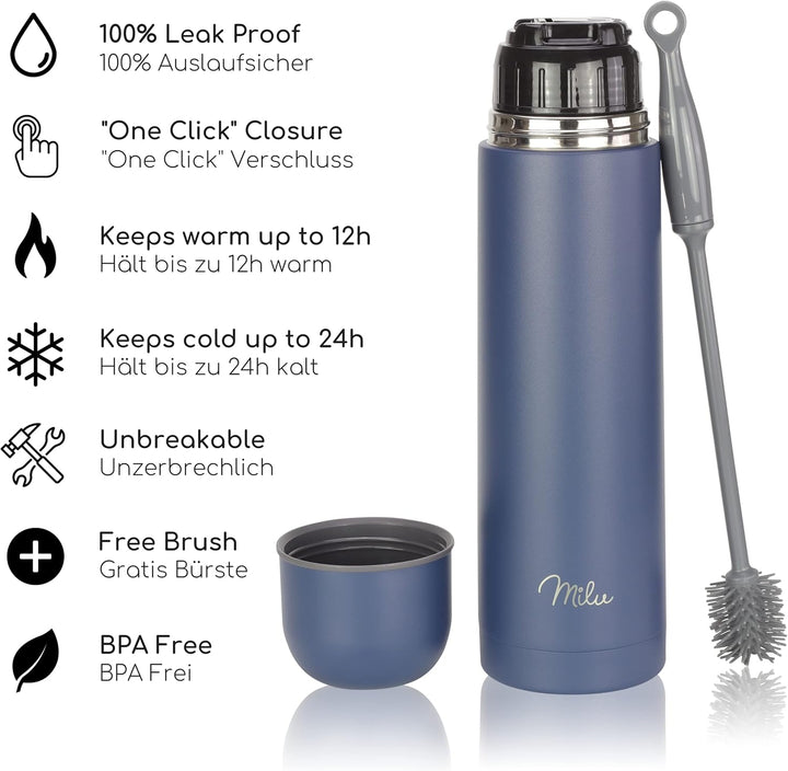 Milu Thermosflasche Thermoskanne Isolierflasche 1L, 750ml, 500ml - Isolierte Edelstahl Trinkflasche,